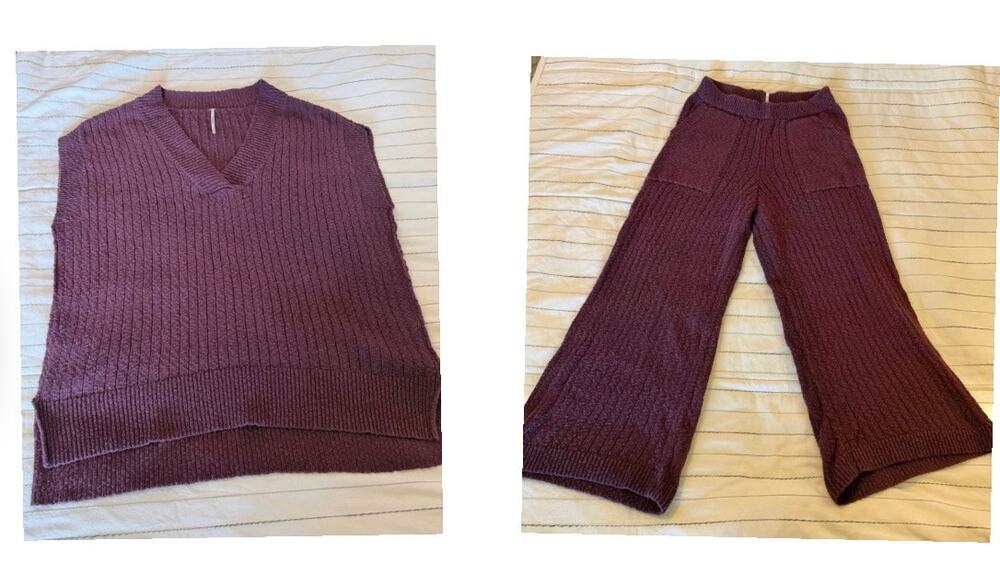 Free People 100% Cotton Sweater Vest Wide Leg Pant SET Burgundy- M